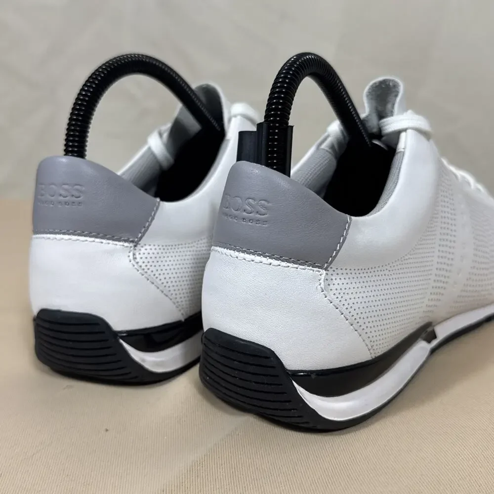 HUGO BOSS Mens Sneakers EU 41 White Leather Perforated Low Top Designer Shoes